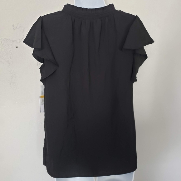 1.State NWT Women's Small Black Short Sleeve Blouse V-neck Ties Ruffle Neck Top - Picture 8 of 8
